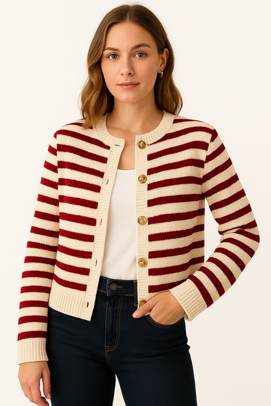 Dames Gestreept Gebreid Vest met Ronde Hals en Goudkleurige Knopen Klassiek Model met Moderne Twist