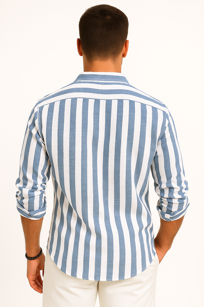 Heren linnen blouse met strepen luchtig zomer overhemd voor bruiloft of vakantie