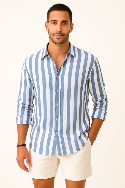 Heren linnen blouse met strepen luchtig zomer overhemd voor bruiloft of vakantie