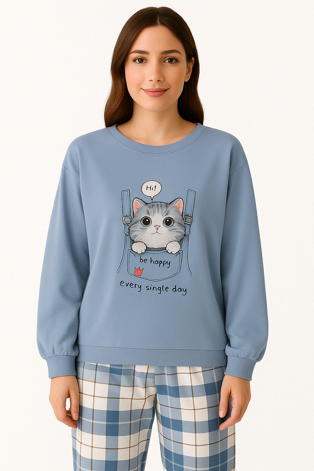 Meisjes Pyjamaset met Kattenprint in Lichtblauw Katoen en Geruite Broek