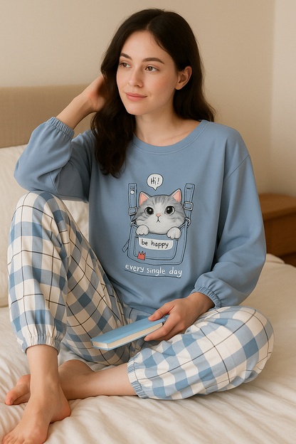 Meisjes Pyjamaset met Kattenprint in Lichtblauw Katoen en Geruite Broek