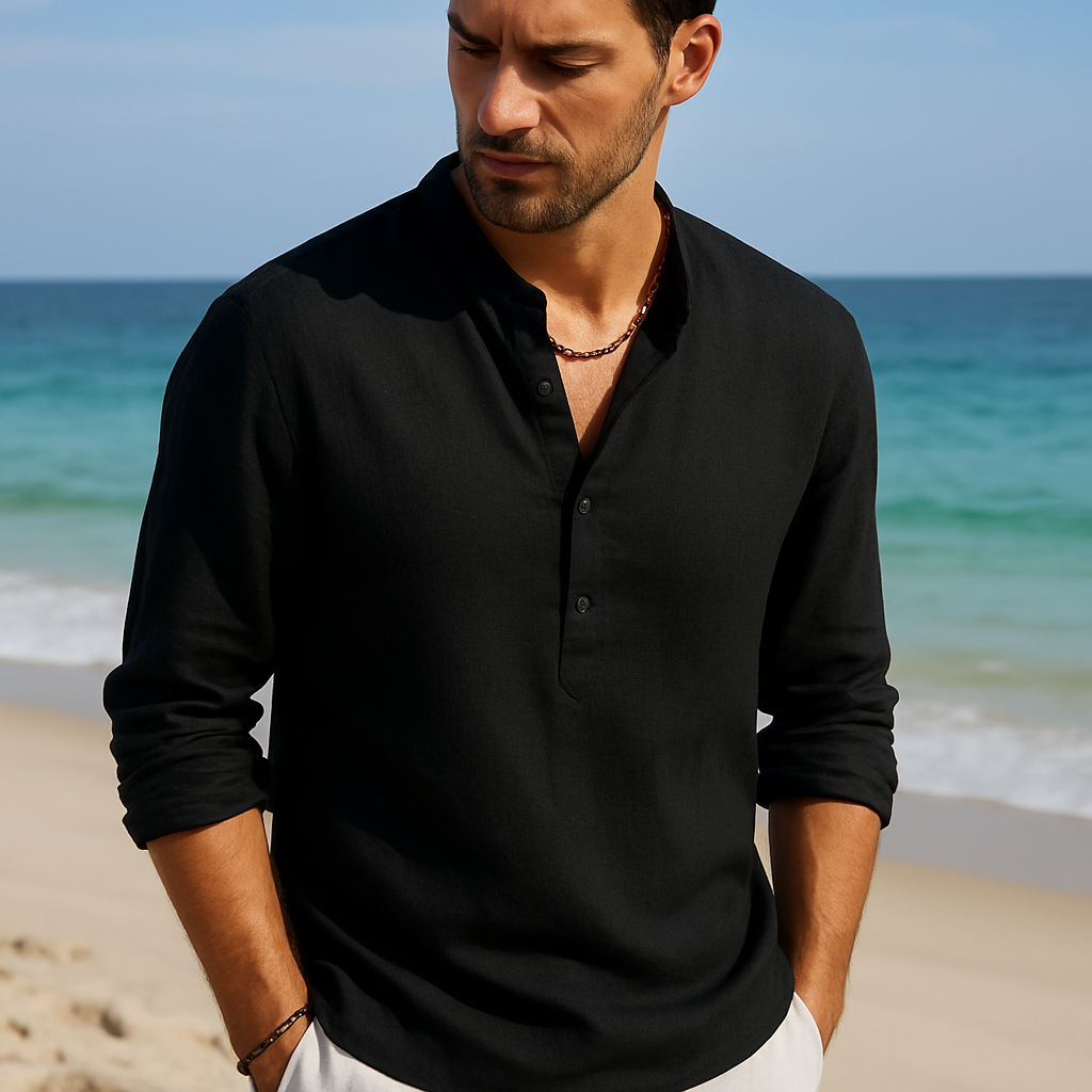 Heren Linnen Shirt met Opstaande Kraag Ademend Zomershirt met Knoopsluiting