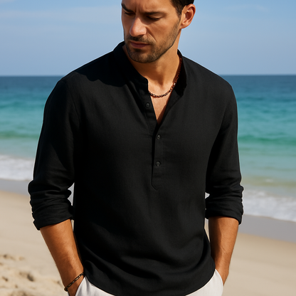Heren Linnen Shirt met Opstaande Kraag Ademend Zomershirt met Knoopsluiting