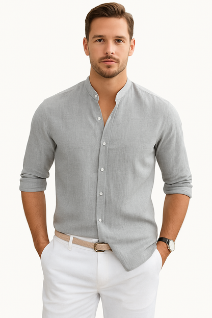 Heren Shirt met Opstaande Kraag en Lange Mouwen Lichte Stof en Relaxte Pasvorm