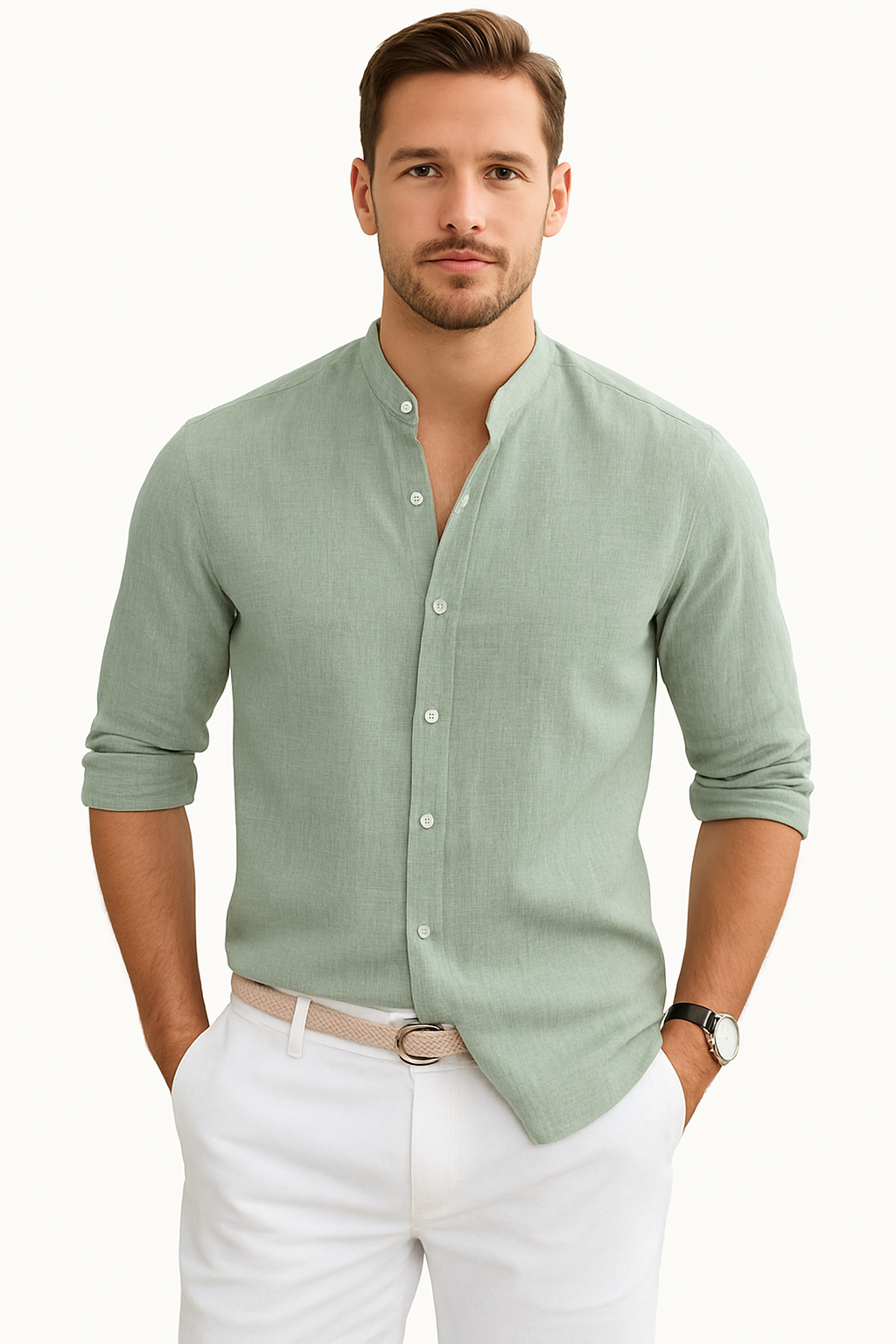 Heren Shirt met Opstaande Kraag en Lange Mouwen Lichte Stof en Relaxte Pasvorm