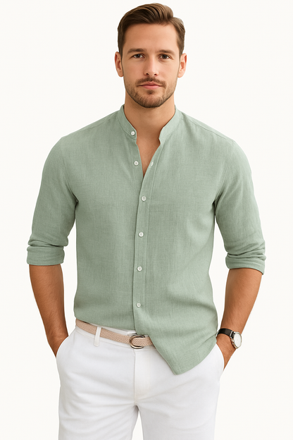Heren Shirt met Opstaande Kraag en Lange Mouwen Lichte Stof en Relaxte Pasvorm