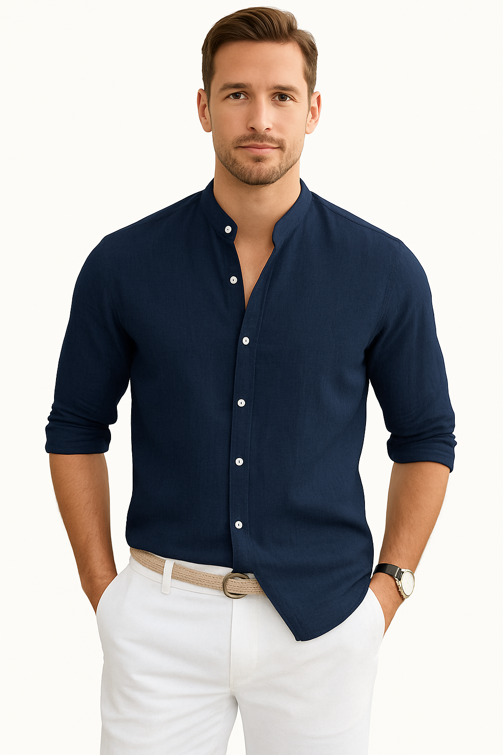 Heren Shirt met Opstaande Kraag en Lange Mouwen Lichte Stof en Relaxte Pasvorm