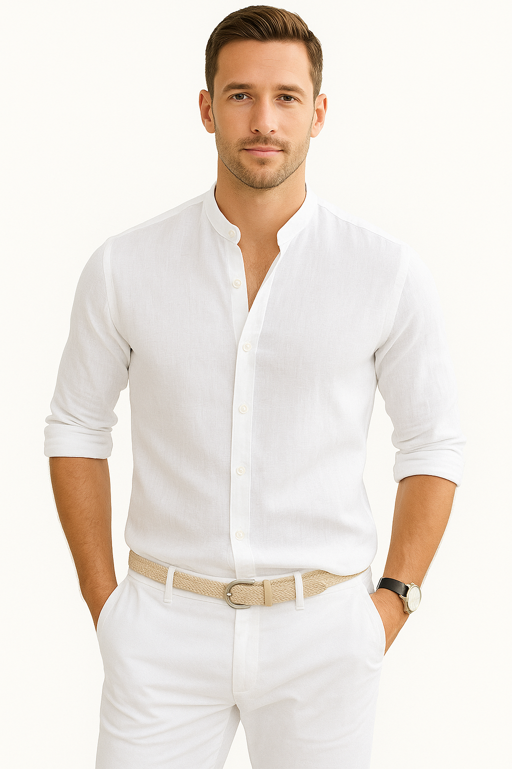 Heren Shirt met Opstaande Kraag en Lange Mouwen Lichte Stof en Relaxte Pasvorm
