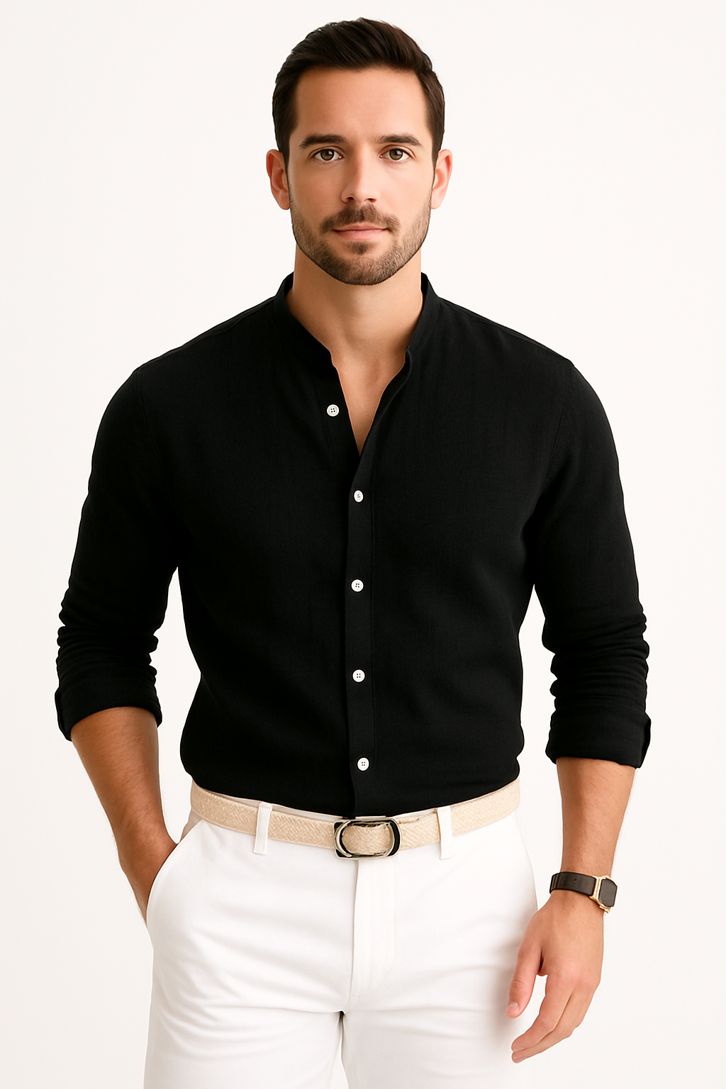 Heren Shirt met Opstaande Kraag en Lange Mouwen Lichte Stof en Relaxte Pasvorm