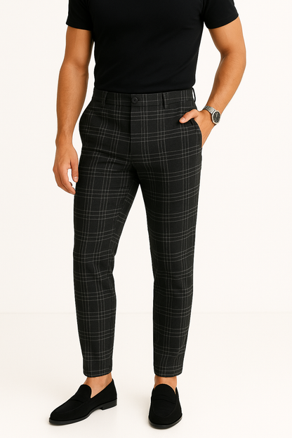 Heren Slim Fit Broek met Ruitpatroon Stretchstof en Tapered Fit voor Casual of Zakelijke Look