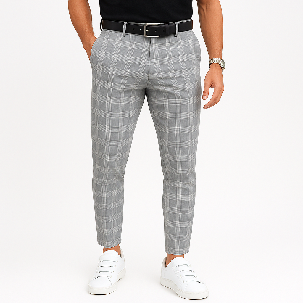 Heren Slim Fit Broek met Ruitpatroon Stretchstof en Tapered Fit voor Casual of Zakelijke Look