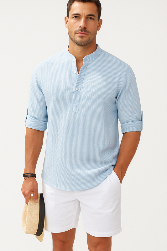 Heren Linnen Shirt met Opstaande Kraag Ademend Zomershirt met Opgerolde Mouwen