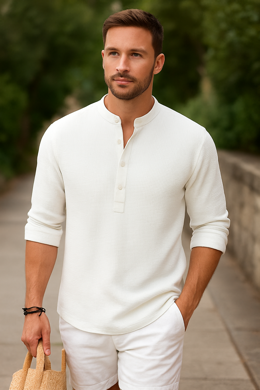 Heren Linnen Shirt met Opstaande Kraag Ademend Zomershirt met Opgerolde Mouwen