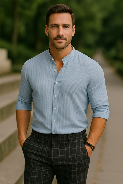 Heren Linnen Shirt met Opstaande Kraag Ademend Zomershirt met Opgerolde Mouwen