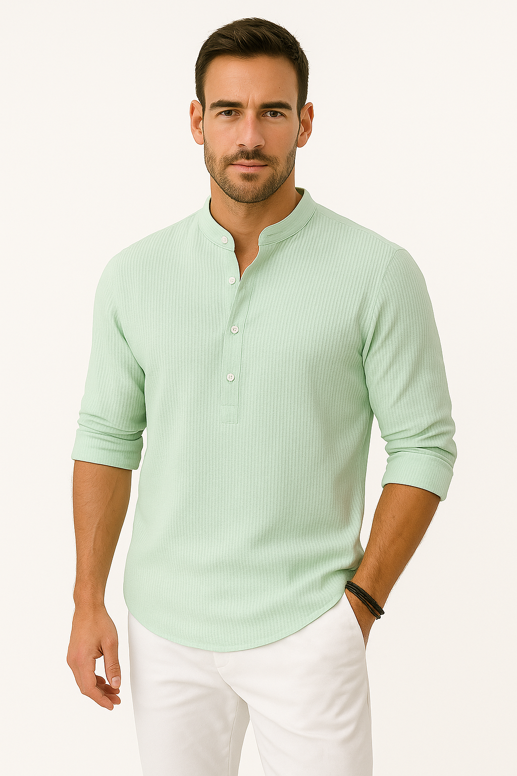 Heren Linnen Shirt met Opstaande Kraag Ademend Zomershirt met Opgerolde Mouwen