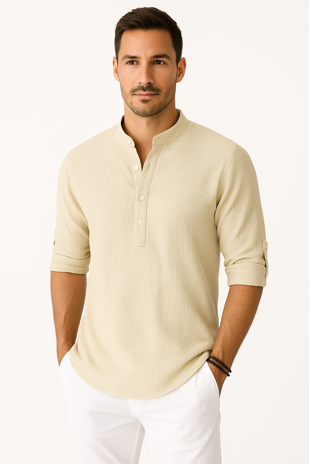 Heren Linnen Shirt met Opstaande Kraag Ademend Zomershirt met Opgerolde Mouwen