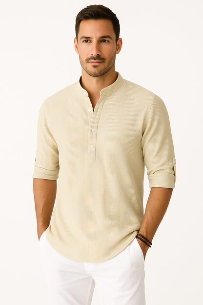 Heren Linnen Shirt met Opstaande Kraag Ademend Zomershirt met Opgerolde Mouwen
