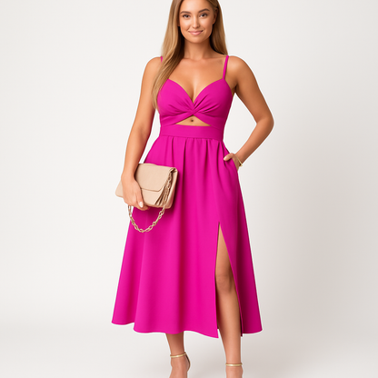 Dames zomerjurk met spaghettibandjes en hoge split luchtige midi jurk met cut-out detail in diverse kleuren, perfect voor feest of vakantie
