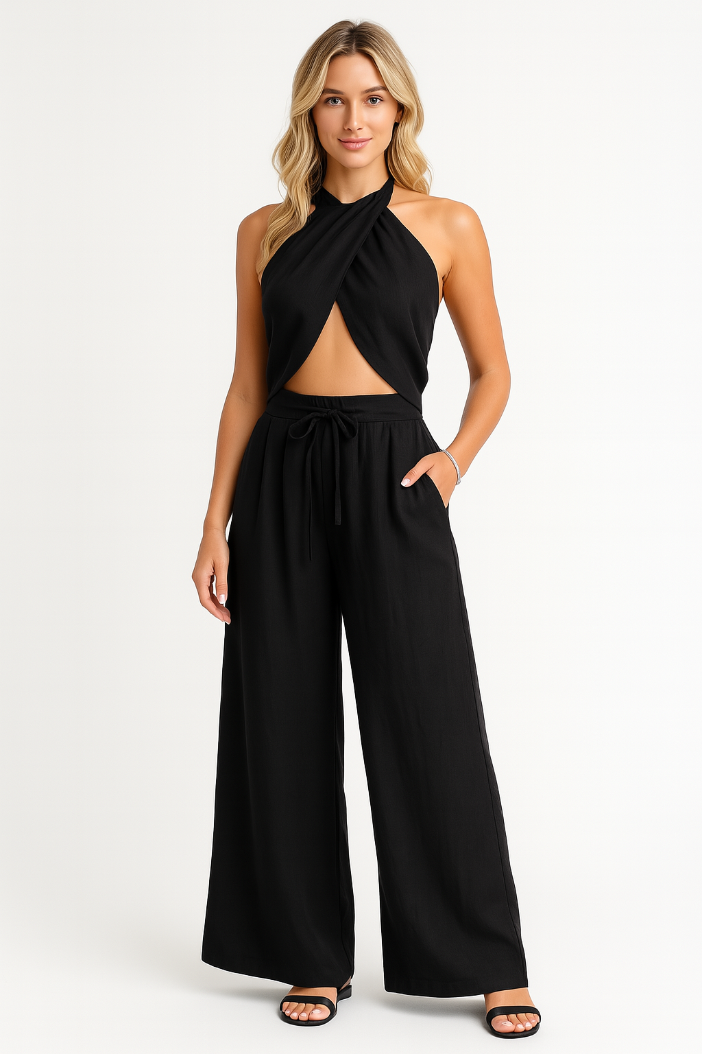 Dames zomer set met wijde broek en haltertop in diverse kleuren – luchtig, chique en perfect voor vakantie of een zonnige dag uit