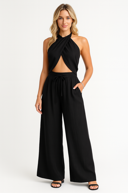 Dames zomer set met wijde broek en haltertop in diverse kleuren – luchtig, chique en perfect voor vakantie of een zonnige dag uit
