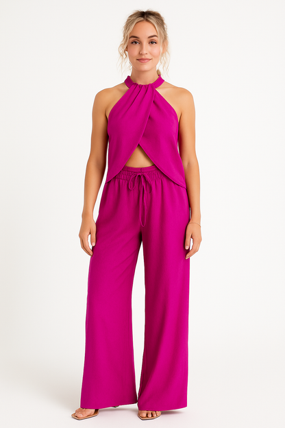 Dames zomer set met wijde broek en haltertop in diverse kleuren – luchtig, chique en perfect voor vakantie of een zonnige dag uit