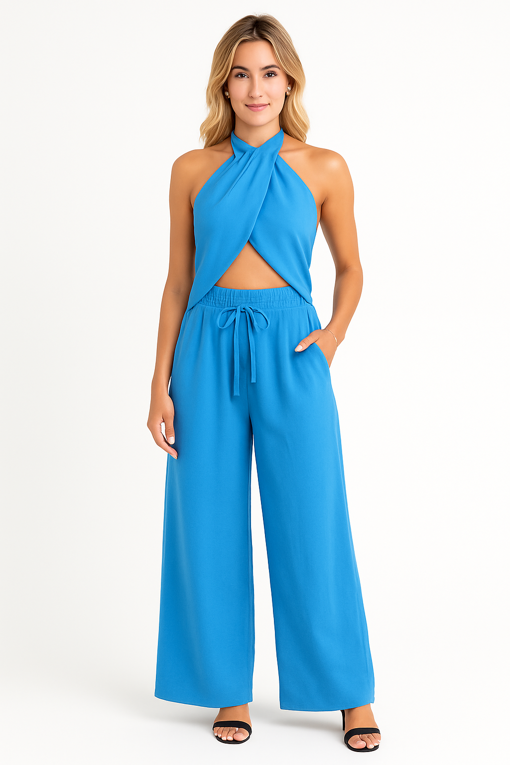 Dames zomer set met wijde broek en haltertop in diverse kleuren – luchtig, chique en perfect voor vakantie of een zonnige dag uit