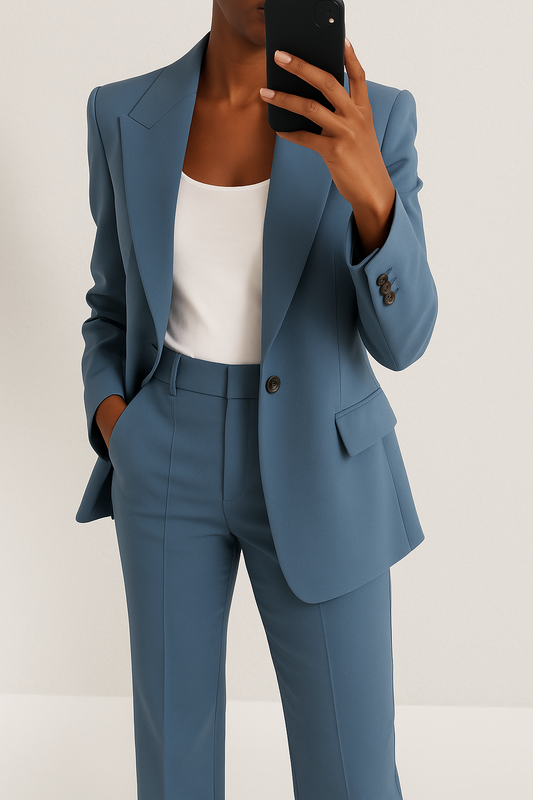 Stijlvol damespak met elegant jasje en comfortabele broek – perfecte tweedelige outfit voor werk, events en dagelijks gebruik