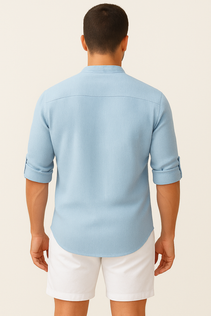 Heren Linnen Shirt met Opstaande Kraag Ademend Zomershirt met Opgerolde Mouwen