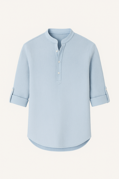 Heren Linnen Shirt met Opstaande Kraag Ademend Zomershirt met Opgerolde Mouwen