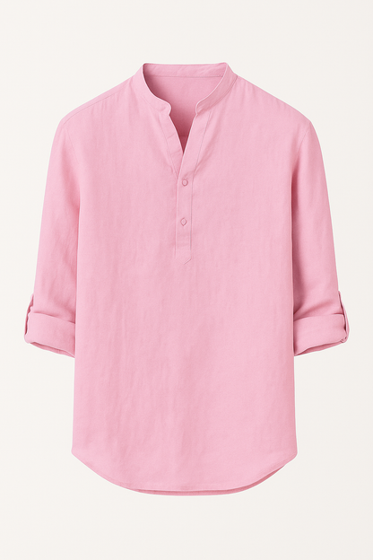 Heren Linnen Shirt met Opstaande Kraag Ademend Zomershirt met Knoopsluiting