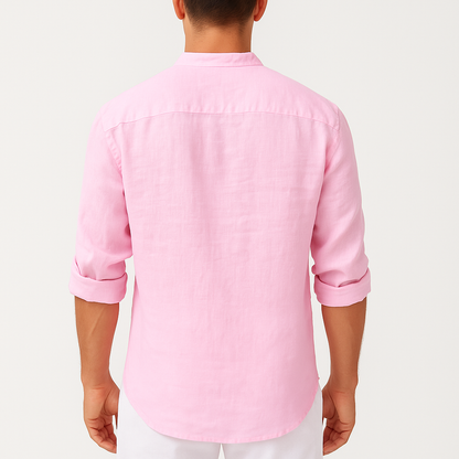Heren Linnen Shirt met Opstaande Kraag Ademend Zomershirt met Knoopsluiting