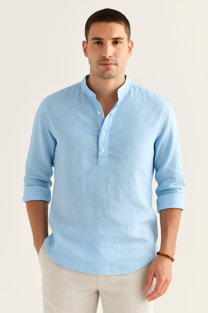 Heren Linnen Shirt met Opstaande Kraag Ademend Zomershirt met Knoopsluiting