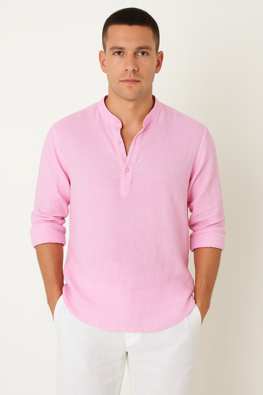 Heren Linnen Shirt met Opstaande Kraag Ademend Zomershirt met Knoopsluiting