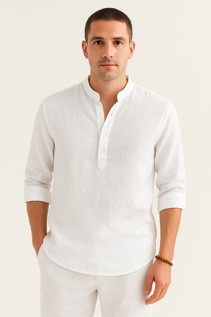 Heren Linnen Shirt met Opstaande Kraag Ademend Zomershirt met Knoopsluiting