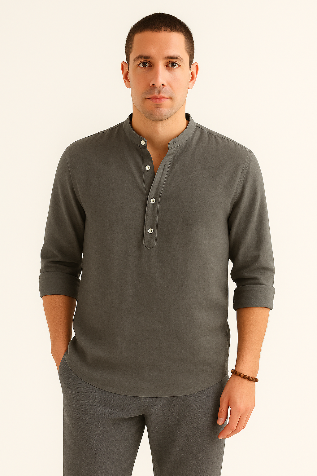 Heren Linnen Shirt met Opstaande Kraag Ademend Zomershirt met Knoopsluiting