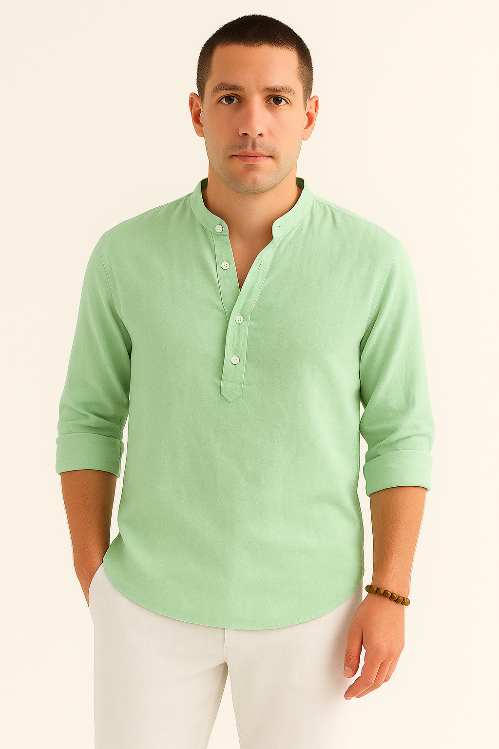 Heren Linnen Shirt met Opstaande Kraag Ademend Zomershirt met Knoopsluiting