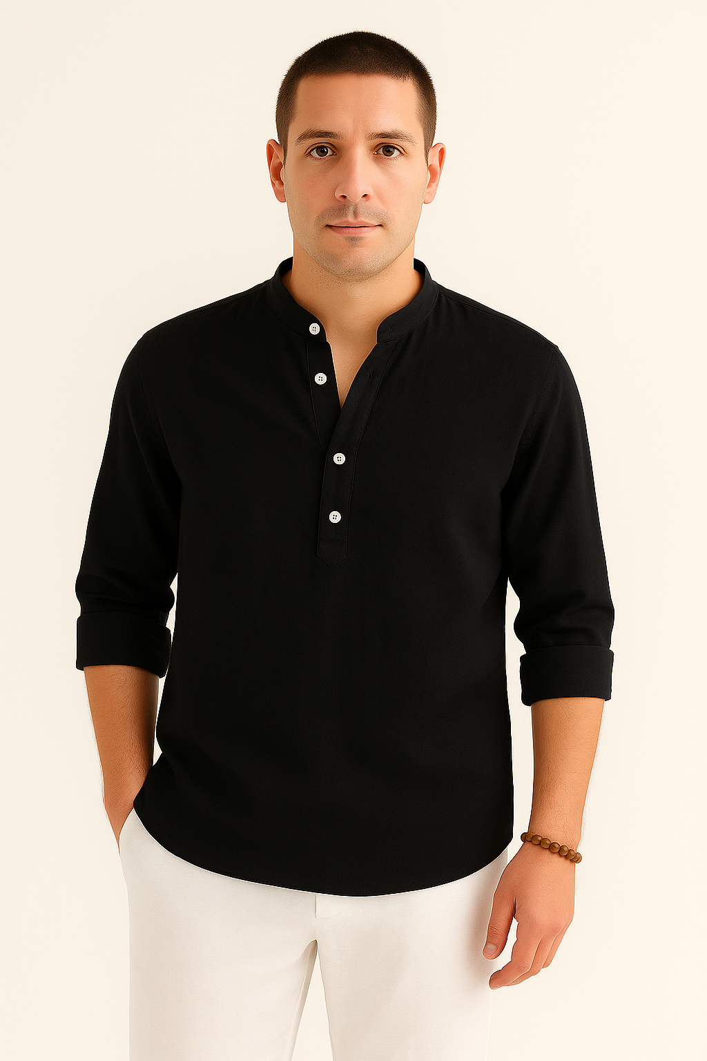 Heren Linnen Shirt met Opstaande Kraag Ademend Zomershirt met Knoopsluiting