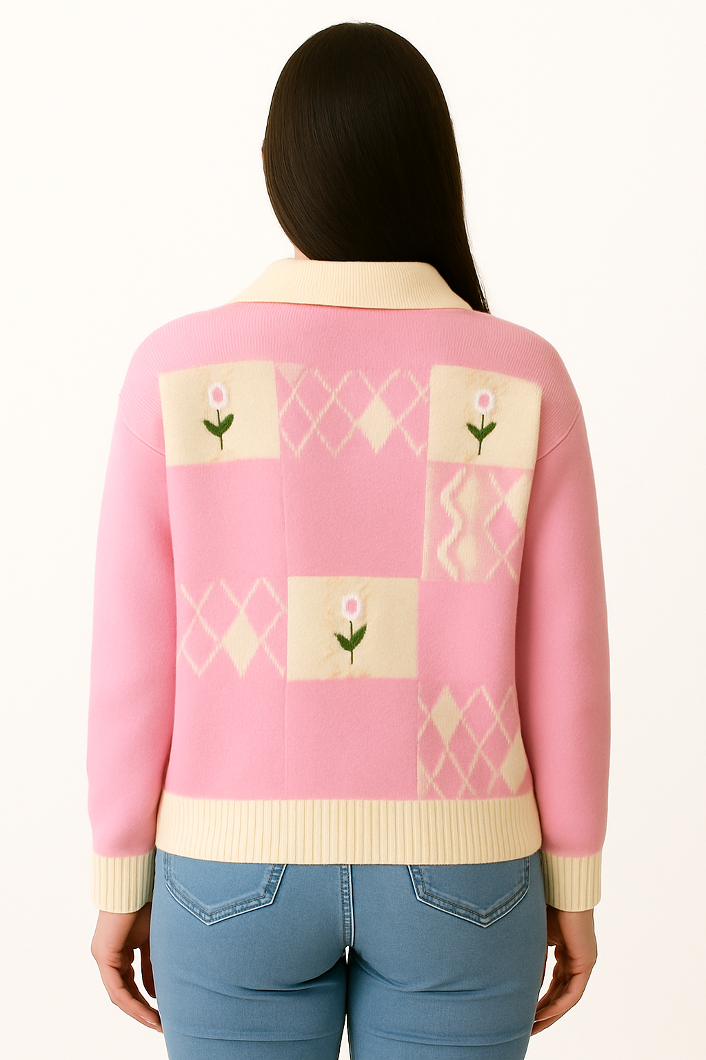 Dames Gebreid Vest met Bloemenborduursel en Ruitpatroon Zacht Materiaal en Contrasterende Boorden