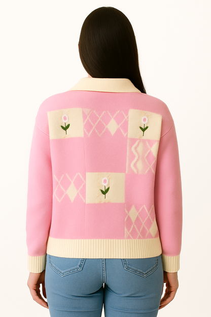 Dames Gebreid Vest met Bloemenborduursel en Ruitpatroon Zacht Materiaal en Contrasterende Boorden