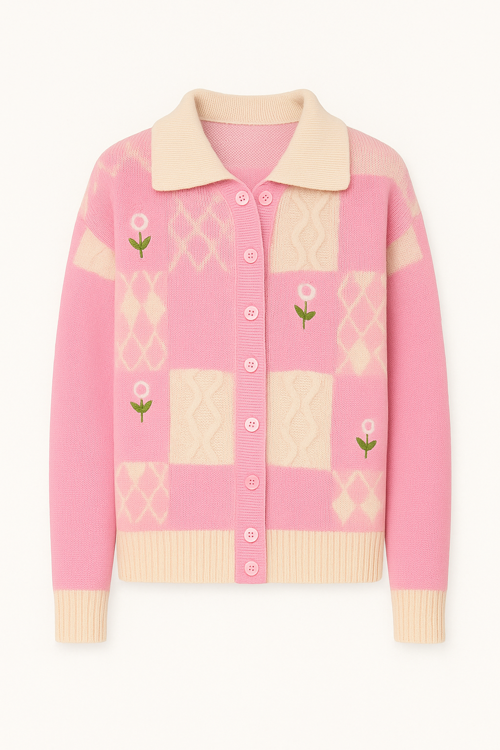 Dames Gebreid Vest met Bloemenborduursel en Ruitpatroon Zacht Materiaal en Contrasterende Boorden