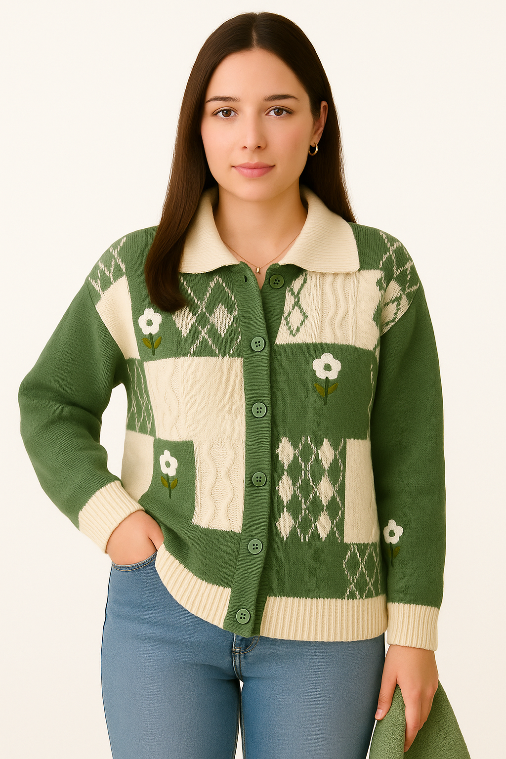 Dames Gebreid Vest met Bloemenborduursel en Ruitpatroon Zacht Materiaal en Contrasterende Boorden