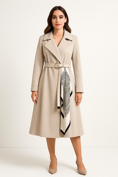 Dames Trenchcoat met Tailleceintuur en Sjaaldetail Lange Jas met Reverskraag en A-lijn Vorm