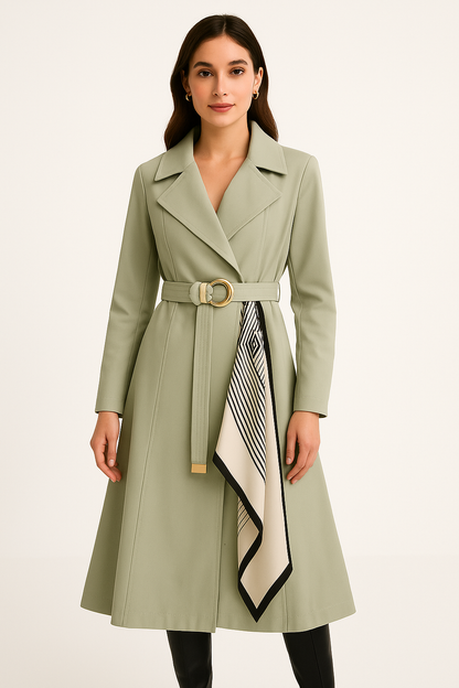 Dames Trenchcoat met Tailleceintuur en Sjaaldetail Lange Jas met Reverskraag en A-lijn Vorm