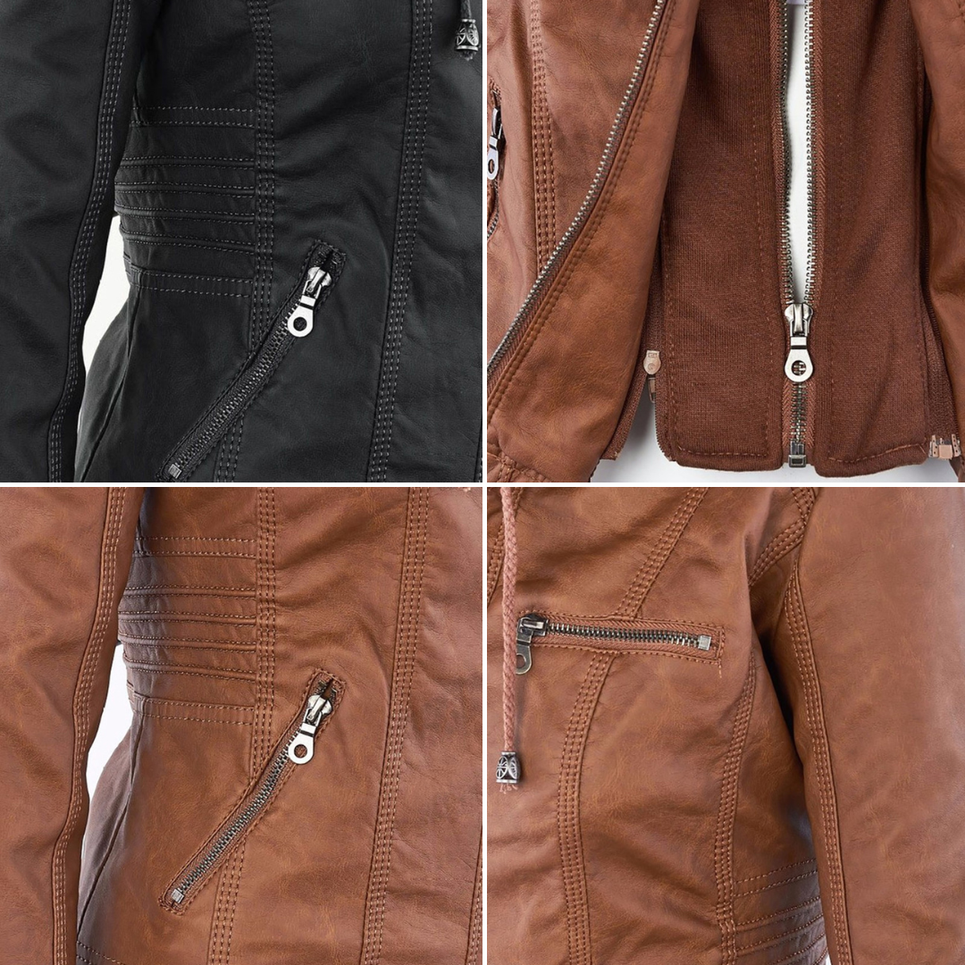 Dames leren jas met capuchon en ritssluiting in diverse kleuren – stijlvolle getailleerde bikerlook voor herfst en winter