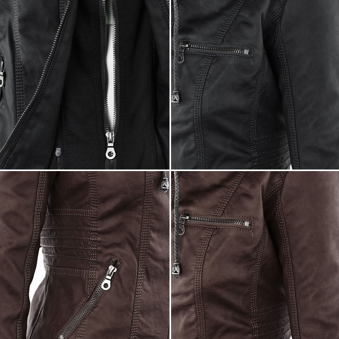 Dames leren jas met capuchon en ritssluiting in diverse kleuren – stijlvolle getailleerde bikerlook voor herfst en winter