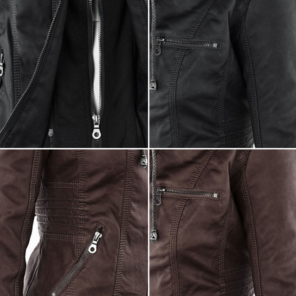 Dames leren jas met capuchon en ritssluiting in diverse kleuren – stijlvolle getailleerde bikerlook voor herfst en winter