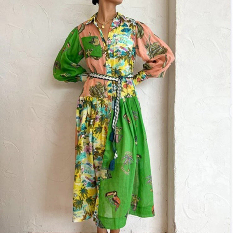 Dames Maxi Jurk met Print in diverse kleuren – Elegante Lange Jurk met Taillekoord en Lange Mouwen