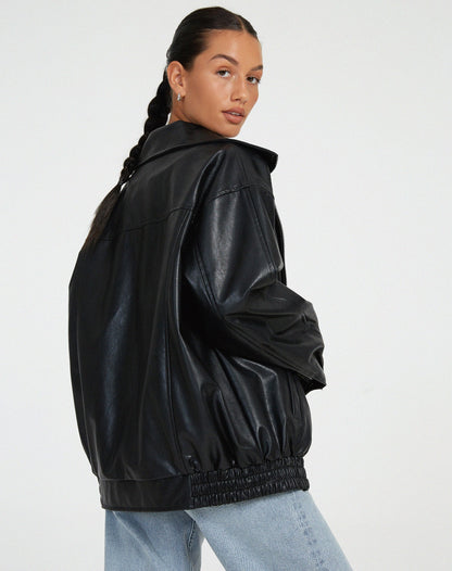 Dames oversized leren jas met brede kraag en elastische boorden in diverse kleuren – stoer & stijlvol gecombineerd