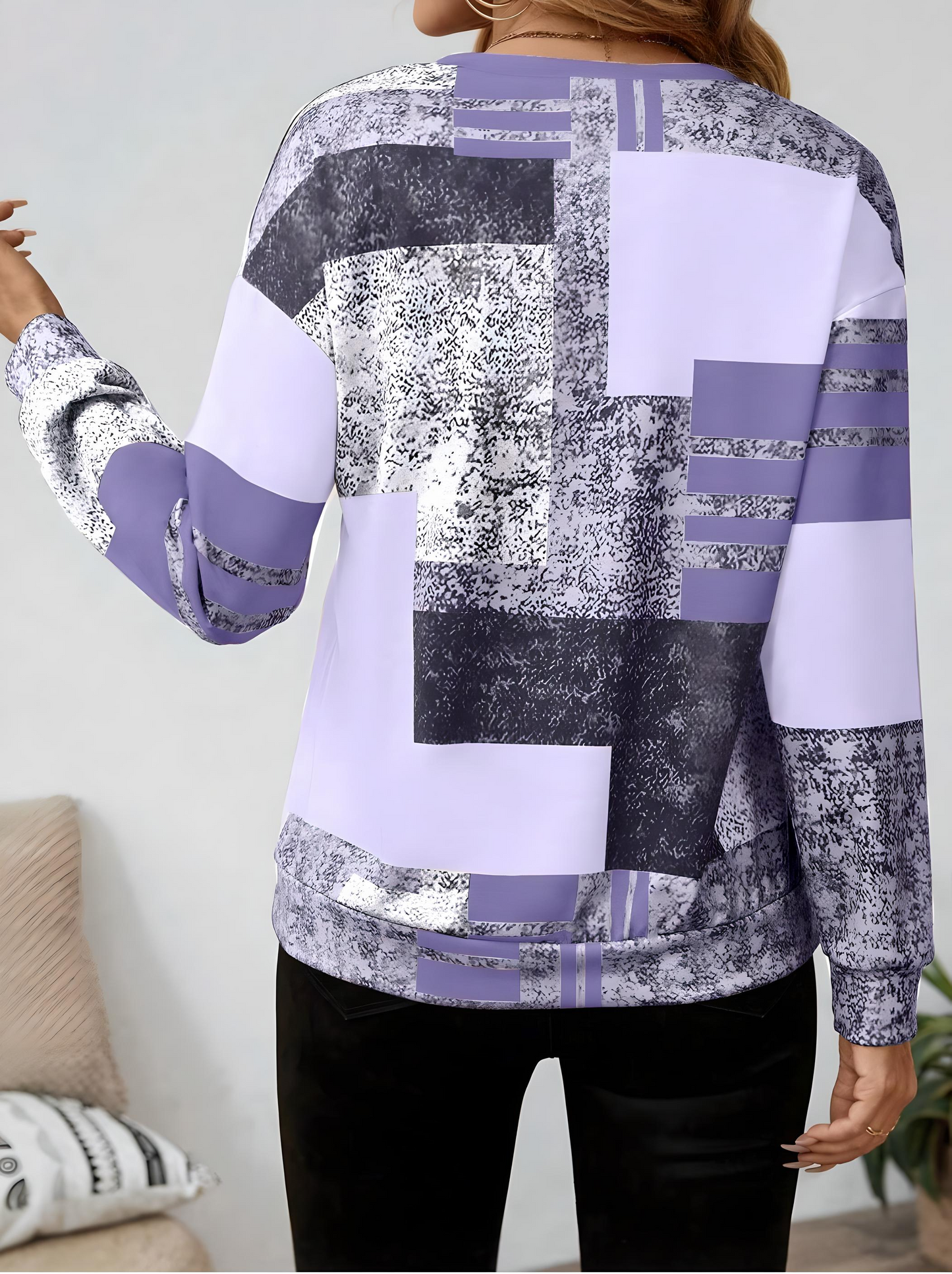 Dames trui met modieuze patchworkprint en halve rits – comfortabel sweatshirt in trendy casual stijl voor werk, vrije tijd en onderweg
