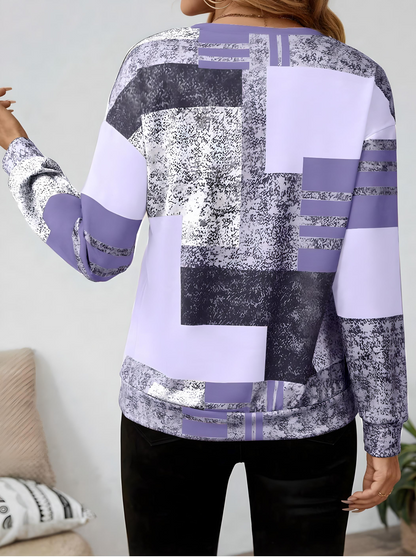 Dames trui met modieuze patchworkprint en halve rits – comfortabel sweatshirt in trendy casual stijl voor werk, vrije tijd en onderweg